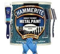 DRW Hammerite Direct to Rust Smooth Metal Paint 750ml Hammered White 1" Brush, 3 Wire Brush Set & Free Nitrile Gloves | Durable Anti-Rust Protection for Indoor & Outdoor use