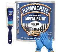 DRW Hammerite Direct to Rust Smooth Metal Paint 750ml Smooth White 1" Brush & Free Nitrile Gloves | Durable Anti-Rust Protection for Indoor & Outdoor