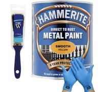 DRW Hammerite Direct to Rust Smooth Metal Paint 750ml Smooth Yellow 1" Brush & Free Nitrile Gloves | Durable Anti-Rust Protection for Indoor & Outdoor