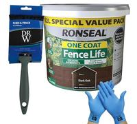 DRW One Coat Shed & Fence Protector 12L Dark Oak + Free 4" Fence Paint Brush & Nitrile Gloves | Long-Lasting Weatherproof Wood Protection | One Coat Formula for Sheds, Fences & Timber