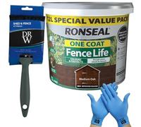 DRW One Coat Shed & Fence Protector 12L Medium Oak + Free 4" Fence Paint Brush & Nitrile Gloves | Long-Lasting Weatherproof Wood Protection | One Coat Formula for Sheds, Fences & Timber