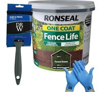 DRW One Coat Shed & Fence Protector 5L Forest Green + Free 4" Fence Paint Brush & Nitrile Gloves | Long-Lasting Weatherproof Wood Protection | One Coat Formula for Sheds, Fences & Timber