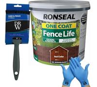 DRW One Coat Shed & Fence Protector 5L Red Cedar + Free 4" Fence Paint Brush & Nitrile Gloves | Long-Lasting Weatherproof Wood Protection | One Coat Formula for Sheds, Fences & Timber