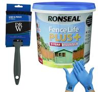 DRW One Coat Shed & Fence Protector Sage 5L UV protection + Free 4" Fence Paint Brush & Nitrile Gloves | Long-Lasting Weatherproof Wood Protection | One Coat Formula for Sheds and Fences