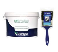 DRW Pure Brilliant White Walls and Ceilings Silk Emulsion Paint 10L+3" Paint Brush| Interior Wall and Ceiling Paint | Smooth Flat Silk Finish | Durable Everyday Room Paint