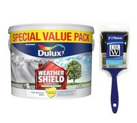 DRW Pure Brilliant White Weathershield Smooth Masonry Paint 7.5L+3" Paint Brush | Exterior Wall Paint | Long Lasting Weather Protection | Smooth Matt Finish for Brick Render Concrete and Stone