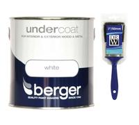 DRW White Undercoat Paint 2.5L +2" Brush | Interior and Exterior Undercoat for Wood and Metal | Base Coat for Gloss Satin and Eggshell Paint | Trim Paint for Doors Skirting Boards and Window Frames