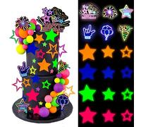 DRWATE 46 PCS Let’s Glow Cake Toppers Glow in Dark Cake Decorations for Neon Birthday Engagement Wedding Party Decorations Supplies (01)