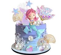 DRWATE Mermaid Cake Toppers with 3D Mermaid Shell Starfish Fishtail Balls for Kids Girls Birthday Party Baby Shower Supplies (Style1)