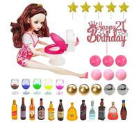 DRWATE Mini Wine Bottles Cake Toppers with 12 Mini Wine Bottles 5 Mini Wine Glasses 1 Toilet Toy 1 Beauty Doll 21st Birthday Cake Topper for Celebrating Birthday 21st Girl Party (Brown)