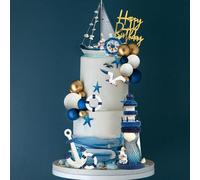 DRWATE Nautical Cake Toppers - Ship, Lighthouse, Balls, Seagull, Anchor, Rudder - Blue, Gold, Dark Blue, White - 24 Count - Birthday Occasion