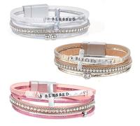 DRXRD 3pcs Leather Bracelets for Women Men,Boho Multi-layer Wrap Pearl Cuff Bracelets Stackable Fashion Jewelry, One Size, no gemstone