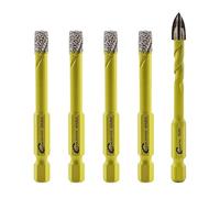 Dry Diamond Drill Bits Set - 4pcs 6mm SANLEETEK Hole Saw and 1pc 6mm Carbide Drill with Quick Change Hex Shank for Marble Granite Ceramic Porcelain Tile Stoneware Quartz