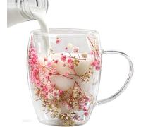 Dry Flower Double Walled Glass Coffee Mug | 350ml Creative Clear Glass Cup with Handle, Insulated Heat-Resistant Mug for Hot & Cold Beverages, Gift for Women (E)