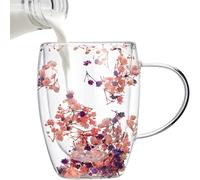 Dry Flower Double Walled Glass Coffee Mug | 350ml Creative Clear Glass Cup with Handle, Insulated Heat-Resistant Mug for Hot & Cold Beverages, Gift for Women (A)