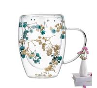 Dry Flowers Double Wall Glass Cup, Double Wall Glass Coffee Mugs, Aesthetic Dried Flowers Cups with Handles, Espresso Cups, Clear Tea Cups for Milk Chocolate(Blue)