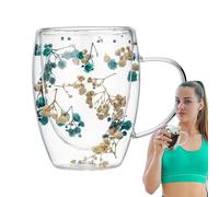 Dry Flowers Double Walled Glass Coffee Mugs - 350ml Creative Clear Glass Cups with Handle, Insulated Heat Resistant Glasses for Hot and Cold Beverages