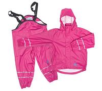 DRY KIDS Childrens Waterproof Jacket and Dungarees Set PU Coated. Boys and Girls Rainwear for Outdoor Play., Raspberry Pink, 7-8 Years