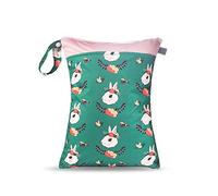 Dry Wet Bag for Nappy Double Zipper, Treer Reusable Waterproof Cute Animal Pattern Nappy Bags Hanging Pockets for Baby Diaper Storage, Travel/Beach/Pool/Daycare (Green Rabbit)