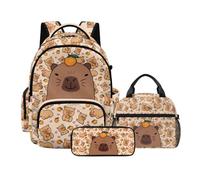 Drydeepin Backpack Set 17" School Bag with Thermal Lunch Bag Pencil Case 3 in 1 Set Back to School Gift for Girls, Capybaras & Orange, M, Childrens School Backpack Set