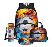 Drydeepin Blue Orange Flame Fire Football Soccer Ball Print 4Pcs School Bag Set for Kids Boys School Backpack with Lunch Box and Water Bottle Holder Pencil Pouch Middle School Student Bookbag