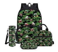 Drydeepin Cartoon Tractors Green Camo Pattern 4 Pcs Kids School Bags Set Lightweight Backpack with Lunch Bag Pencil Case Water Bottle Pouch for Middle School Students Bookbags