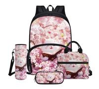 Drydeepin Cat Cherry Blossom Pink Pattern Kids School Backpack for Girls Boys Casual Daypack with Insulated Lunch Box Water Bottle Carrier and Pencil Case 4Pcs School Bags Set