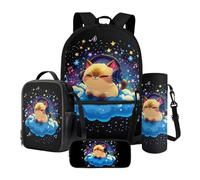 Drydeepin Cat Cloud Music Starry Night Pattern 4Pcs School Supplies Set for Students 17 Inch Backpack with Lunch Bag, Water Bottle Holder, Pencil Case Large Capacity Bookbag for Girls