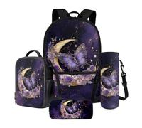 Drydeepin Purple Butterfly Rose Moon Pattern School Backpack with Lunch Box Pencil Pouch and Water Bottle Holder for Girls Elementary Primary Middle High School Bag Set