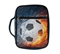Drydeepin Water and Fire Football Bible Case Cover for Men Large Size Soccer Design Protective Book Cover for Bible with Handle and Zippered Pockets Portable Bible Tote Bags Bible Study Supplies