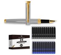 Dryden Designs Fountain Pen Fine Nib - Includes 24 Ink Cartridges - 12 Black and 12 Blue - Silver - Smooth Elegant Writing with Ink Converters