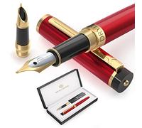 Dryden Designs Fountain Pen - Medium Nib 0.5mm & Fine Nib 0.38mm - Includes Luxury Box, 6 Ink Cartridges - 3 Black 3 Blue and Ink Refill Converter - Dangerous Red