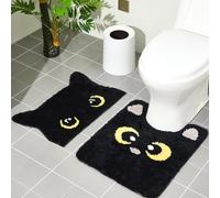 Drydiet 2 Pcs Bathroom Rug U Shaped Black Cat Toilet Rug Cute Cat Bath Mat Washable Soft and Absorbent Bathroom Rugs Non Slip Bath Machine Wash (Black, 24" x 20" Plus 24" x 16")