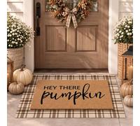 Drydiet 2 Pcs Fall Hey There Pumpkin Layered Doormat Set, Brown, Beige | Polyester and Imitation Coir Fabric, Stripe Plaid Outdoor Rug, Non Slip Rubber Bottom, Autumn Door Thanksgiving Front Decor