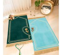 Drydiet 2 Pcs Muslim Couple Prayer Rug Set Heart Design with 2 Pcs Prayer Beads Green Travel Mat Soft Short Velvet Islamic Mat for Couple Women Men Ramadan Eid Wedding Birthday Gifts