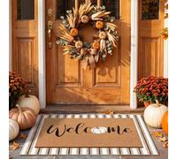 Drydiet 2 Pcs Neutral Fall Layered Doormat Set, Pumpkin Coir Welcome Front Mat with Beige Striped Rug for Autumn Porch Entryway Farmhouse Decor