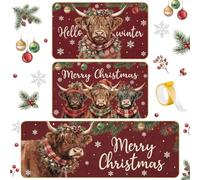 Drydiet 3 Pcs Highland Cow Christmas Kitchen Rug and Mat Sets Washable Xmas Kitchen Floor Mat Non Slip Hello Winter Doormat Waterproof Farmhouse Christmas Holiday Decor for Home Floor Office Bathroom