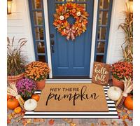Drydiet Fall 2 Pcs Fall Layered Doormat Set Hey There Pumpkin Doormat with Stripe Layering Rug for Autumn Thanksgiving Front Door Porch Entryway Decor (Black)