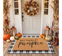Drydiet Fall 2 Pcs Fall Layered Doormat Set Hey There Pumpkin Doormat with Stripe Layering Rug for Autumn Thanksgiving Front Door Porch Entryway Decor (Black,White)