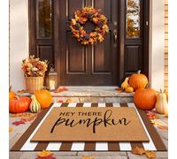 Drydiet Fall 2 Pcs Fall Layered Doormat Set Hey There Pumpkin Doormat with Stripe Layering Rug for Autumn Thanksgiving Front Door Porch Entryway Decor (Dark Brown)