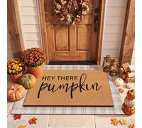 Drydiet Fall 2 Pcs Fall Layered Doormat Set Hey There Pumpkin Doormat with Stripe Layering Rug for Autumn Thanksgiving Front Door Porch Entryway Decor (Beige)
