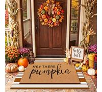 Drydiet Fall 2 Pcs Fall Layered Doormat Set Hey There Pumpkin Doormat with Stripe Layering Rug for Autumn Thanksgiving Front Door Porch Entryway Decor (Brown,White)