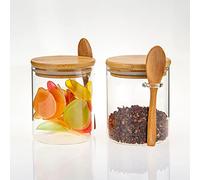 DRYFAL Set of 2 Airtight Glass Jars with Bamboo Lids & Bamboo Spoons 16oz Glass Canisters Food Storage Canister Clear Glass Containers Kitchen Organization Jars