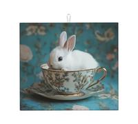 Drying Mat for Kitchen HHGFASD Little White Rabbit in The Teacup Pattern Ultra Absorbent, Reversible, and Stylish Kitchen Countertop Mat