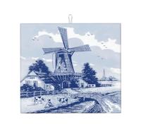 Drying Mat With Hanging Loop 41X46CM, Blue Nederland Vintage Dutch Windmill Delft Dish Drying Pad Protector Draining Mats Non-Slip Dish Drainer Mat For Countertops Kitchen Counter