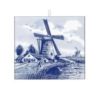 Drying Mat With Hanging Loop 41X46CM, Blue Vintage Nederland Dutch Windmill Delft Draining Mats Easy Clean Dish Drainer Mat Protector Dish Drying Pad For Kitchen Counter Tabletop