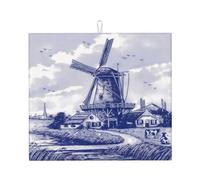 Drying Mat with Hanging Loop 41X46CM, Retro Blue Nederland Dutch Windmill Delft Dish Drainer Mat Easy Clean Dish Drying Pad Non-Slip Draining Mats for Tabletop Countertops Kitchen