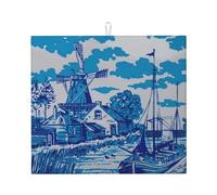 Drying Mat with Hanging Loop 41X46CM, Vintage Blue Nederland Dutch Windmill Delft Dish Drainer Mat Absorbent Dish Drying Pad Easy Clean Draining Mats for Tabletop Kitchen Countertops