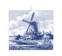 Drying Mat With Hanging Loop 41X46CM, Vintage Blue Nederland Dutch Windmill Delft Dish Drainer Mat Easy Clean Dish Drying Pad Non-Slip Draining Mats For Kitchen Counter Tabletop