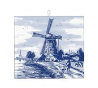 Drying Mat With Hanging Loop 41X46CM, Vintage Blue Nederland Dutch Windmill Delft Draining Mats Protector Dish Drying Pad Absorbent Dish Drainer Mat For Kitchen Counter Tabletop